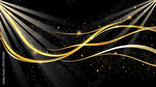 Luxurious golden waves and sparkles on black stage background with spotlight beams