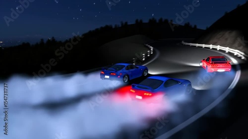 Sports cars drifting on winding mountain road at night footage. Featuring JDM tuner culture, high-speed action, and street racing aesthetic. Scene of thrilling car chase.