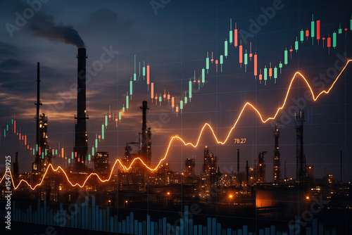 Oil gas price trade business concept. Industrial oil refinery plant and pipelines at dusk. Stock trading graph of financial market. Futuristic style. Economic fluctuations and global energy trade.