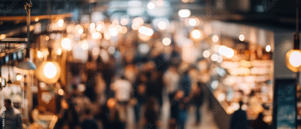 Obraz premium Crowd of people shopping at a vibrant market with bright lights and lively atmosphere, demonstrating urban lifestyle, commerce, and social interaction.