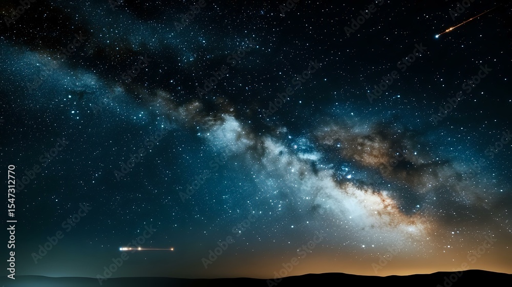 Fototapeta premium Dramatic night sky with bright Milky Way galaxy stretching across horizon over dark silhouetted landscape, shooting stars streak through starry cosmos.