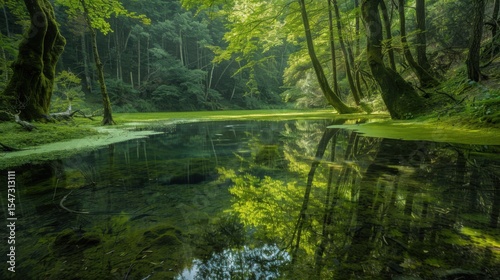 Ancient forest reflected in a crystal clear pond
