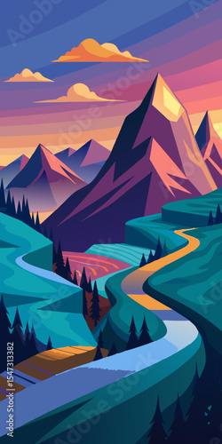 Majestic Mountain Landscape at Sunset. A Serene River Valley Scene