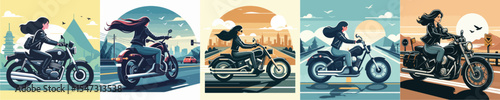 vector woman wearing leather jacket riding motorcycle on the road