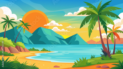 Sunset over Tropical Beach. Idyllic Island Getaway