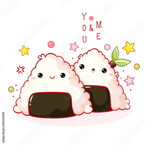 Valentine card with two Onigiri characters kawaii style with smiling faces. Greeting card with cute Japanese traditional cuisine dishes. You and me. Can be used for t-shirt print, sticker. Vector EPS8