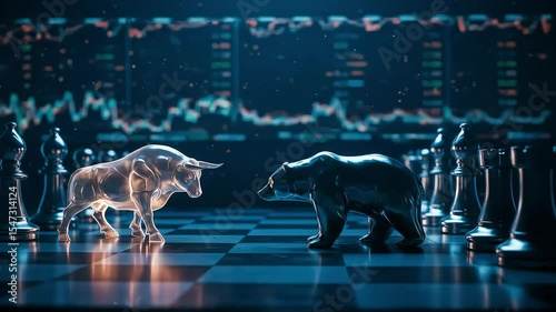 Glowing Bull and Bear Chess Pieces on Futuristic Trading Board