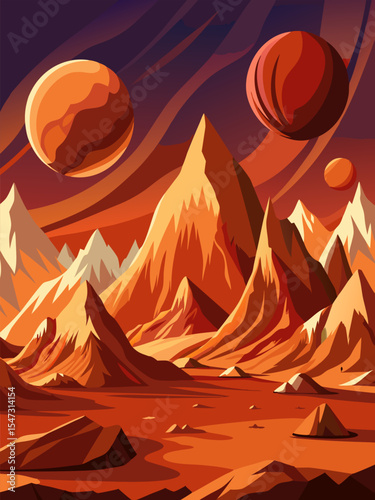 Alien Planet Landscape. Red Mountains and Cosmic Sunset