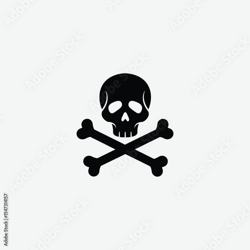 Simple black skull and crossbones silhouette on white background. Perfect for danger, poison, warning signs, tattoos, or graphic design with a bold, minimalist style.