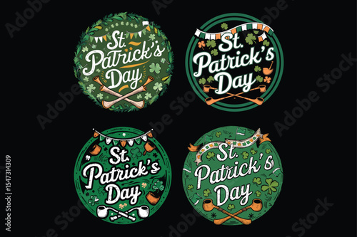 Colorful st patricks day circle badges with shamrock and irish themed illustrations