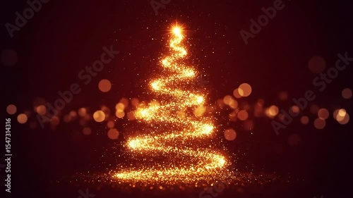 Glowing Golden Particles Swirl into Christmas Tree on Red Background