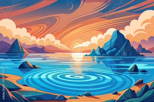 Sunset over Calm Lake with Mountain Reflections