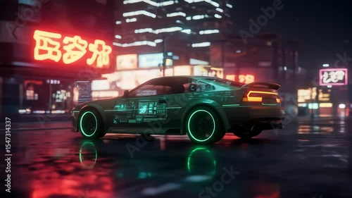 Glowing Green Futuristic Car Orbit Cyberpunk City Night