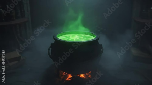 Glowing Green Potion Bubbles in Dark Cauldron with Fog
