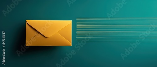 Envelope sending message with speed lines on teal background, digital communication concept, fast delivery service, mail sending, online correspondence.