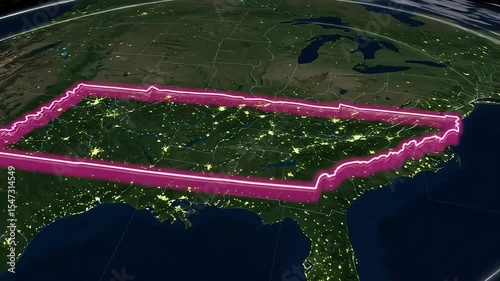 Glowing Pink Outline of Tennessee State Border on Night Digital Terrain