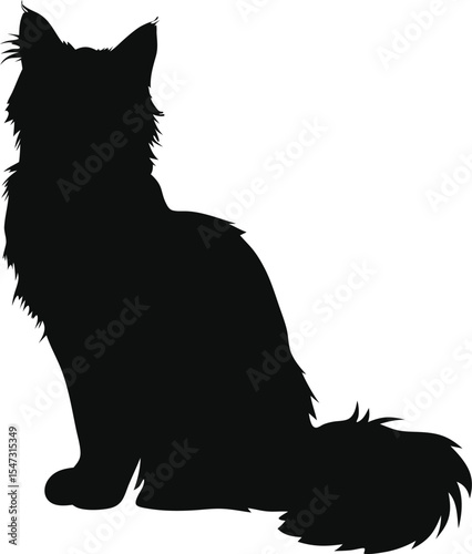 Graceful Maine Coon Silhouette: A Fluffy Outline of the Large Feline Sitting Majestically, Perfect for Depicting Gentle Giant Charm and Domestic Warmth on a Clean White Canvas.