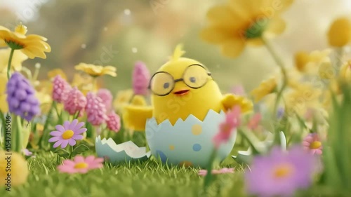Happy Yellow Chick in Speckled Egg Wearing Glasses in Spring Garden