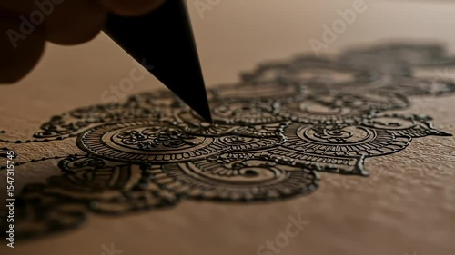 Intricate Black Mehndi Pattern Animation on Parchment
