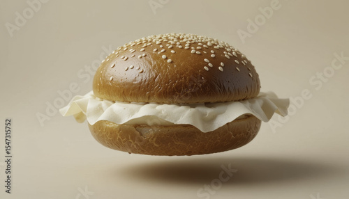 floating sesame seed bun with layer of cream cheese filling creates whimsical and surreal image against neutral background. soft texture and light colors evoke sense of curiosity and playfulness