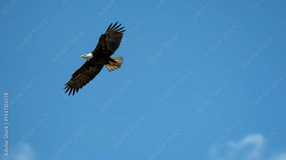 Majestic Bald Eagle in Flight Against a Blue Sky with American Flag Majestic Bald Eagle in Flight Against a Blue Sky with American Flag