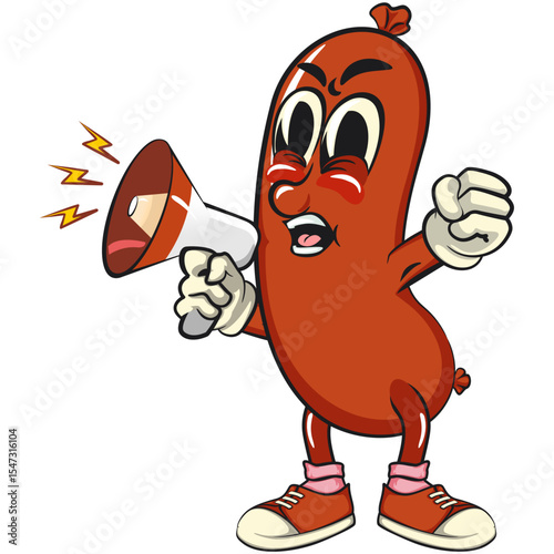 Cheerful sausage cartoon mascot out loud with loudspeaker, fun meat snack character illustration, isolated high-quality vector perfect for branding and design use, work of hand drawn