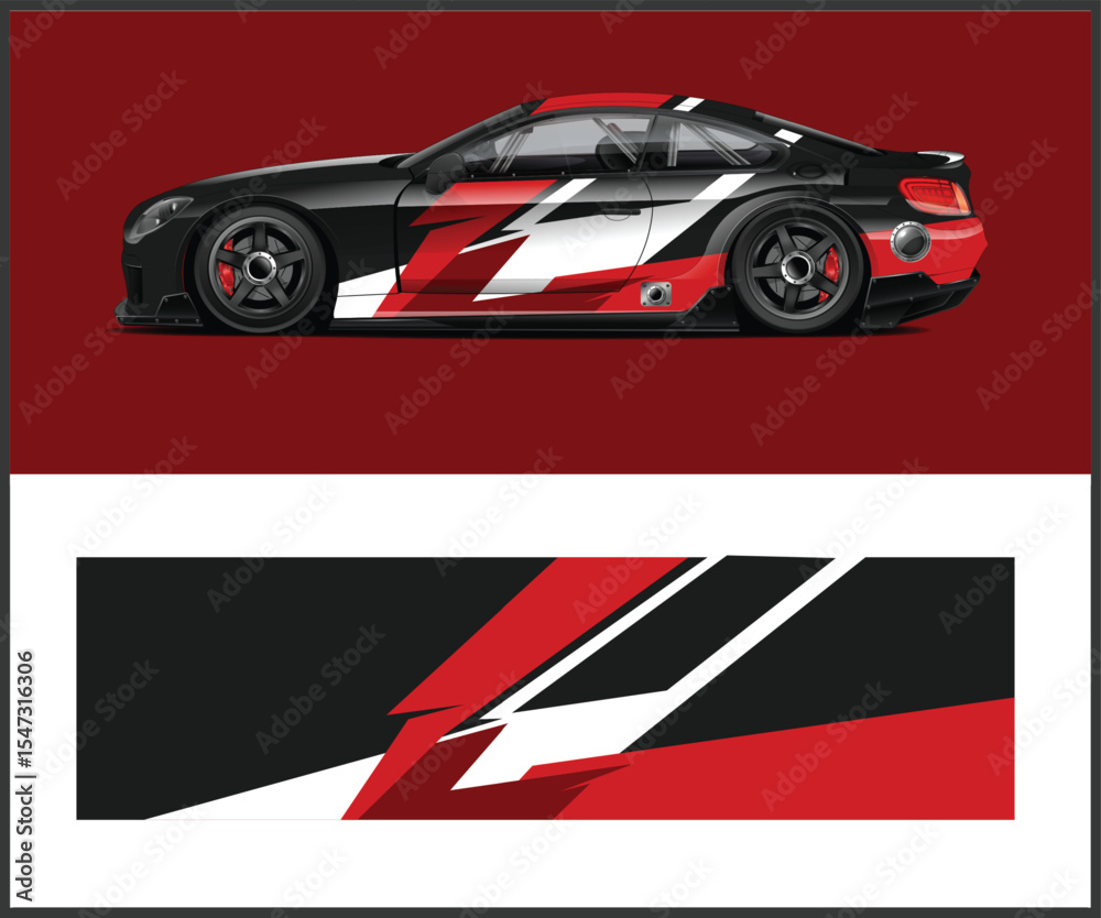 Obraz premium Sleek Black Sports Car with Red and White Racing Stripe Design