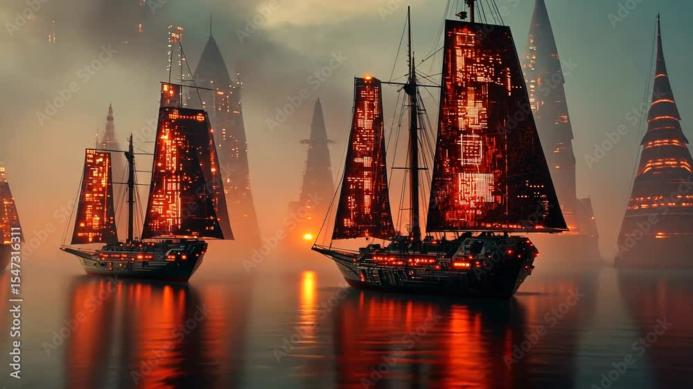 Futuristic sailing ships illuminated by glowing patterns navigate through a misty harbor at dusk