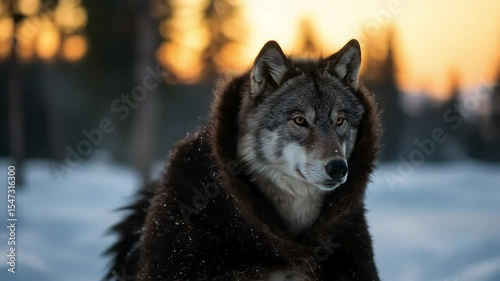 Majestic Wolf in Snowy Dusk: Cinematic Orbit, Orange Eyes Glowing