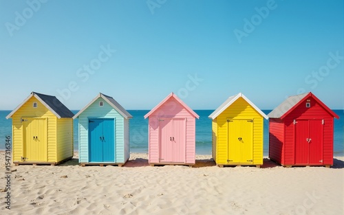 Colorful Beach Huts by the Shoreline. High quality