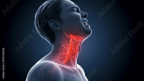 Man Grimacing in Neck Pain, Cinematic Side Pan, Red and Blue Tones