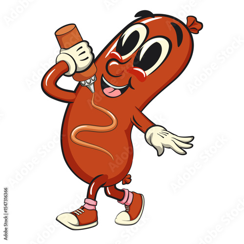 Cheerful sausage cartoon mascot give yourself mayonnaise or ketchup sauce, fun meat snack character illustration, isolated high-quality vector perfect for branding and design use, work of hand drawn