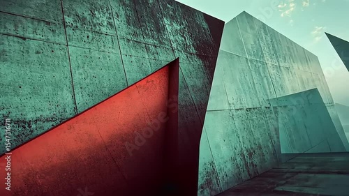 Abstract geometric structures with sharp angles and contrasting colors under a serene sky