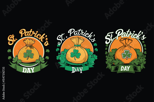Festive st patricks day illustration featuring a leprechaun’s gold sack and clover elements
