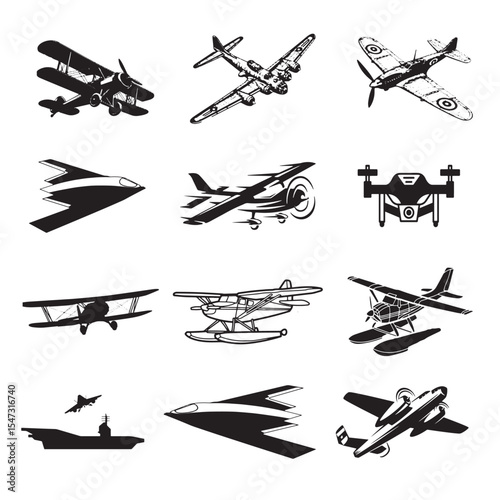 Diverse Aircraft and Aviation Icon Set. Collection of vintage and modern planes including biplane, bomber, fighter, seaplane, and drone.