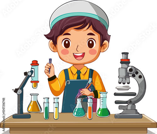 cartoon scientist with microscope