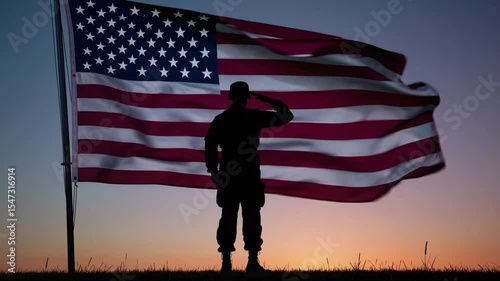 American soldier saluting large waving U.S. flag at sunset, representing patriotism, military honor, veterans, national pride, armed forces tribute, and American values in symbolic silhouette composit