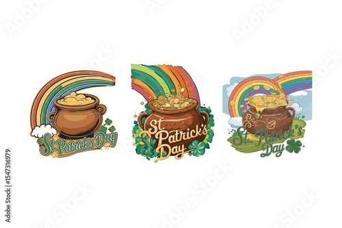 Festive st patricks day illustrations featuring pots of gold rainbows and shamrock imagery