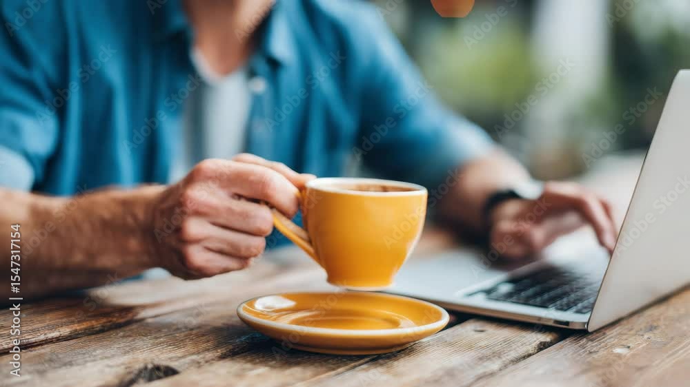 A person sits at a rustic wooden table, holding a yellow coffee cup while working on a laptop. A person sits at a rustic wooden table, holding a yellow coffee cup while working on a laptop.