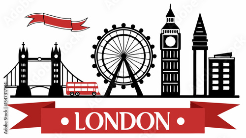 London Cityscape Silhouette – Flat Vector with Iconic Landmarks and Red Ribbon Banner