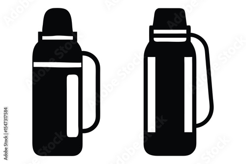 Insulated Beverage Bottles, Hot and Cold Options. Two simple black and white silhouettes of insulated beverage bottles, one showing hot beverage steam, the other a standard bottle.
