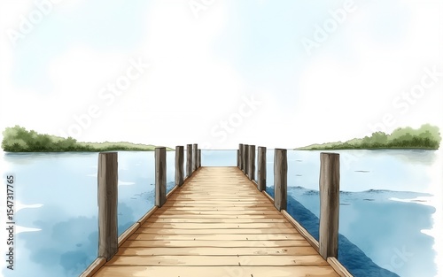 Watercolor painting shows a wooden pier extending into the water. High quality