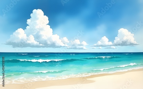 Watercolor Painting of a Tropical Beach with Turquoise Water and White Clouds. High quality