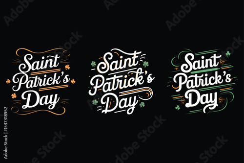 Three elegant saint patrick's day designs featuring decorative typography and shamrocks