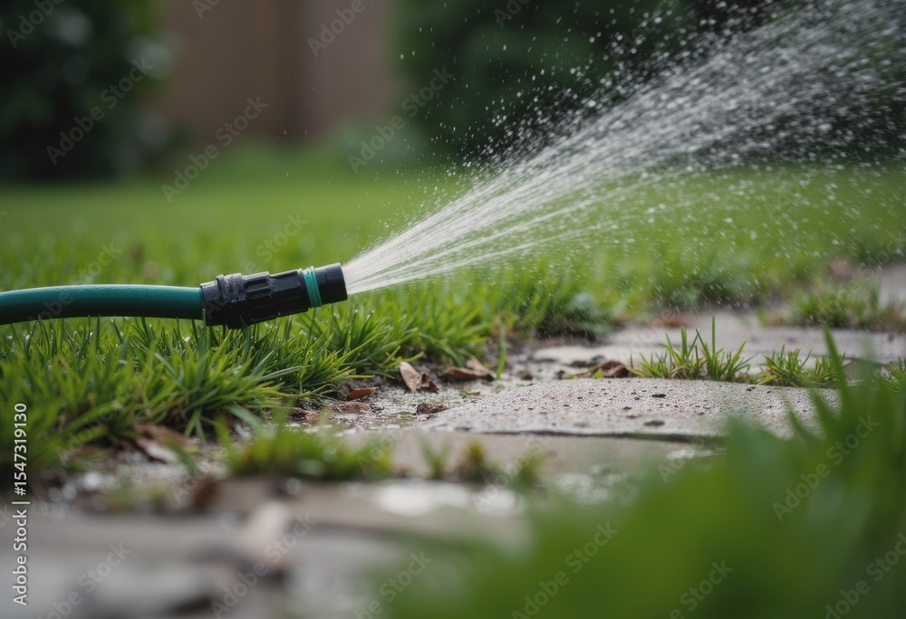 Naklejka premium Garden hose left running on patchy grass, creating a refreshing scene