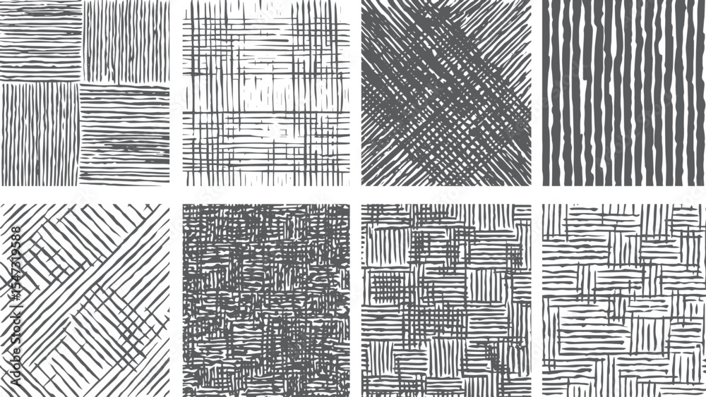 Twelve Gray Scale Hand Drawn Line Pattern Textures Seamless Repeating Backgrounds Set Abstract Geometric Design Elements for Fabric