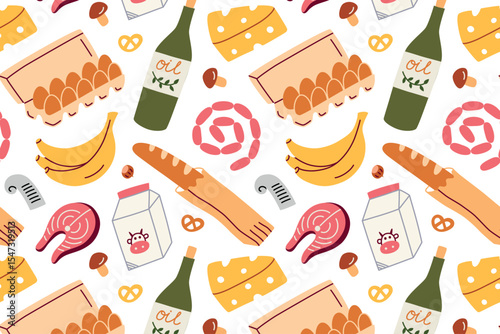 Flat cartoon vector illustration pattern with grocery food items from supermarket. Repeating seamless design of everyday products for packaging, kitchen decor, healthy eating themes