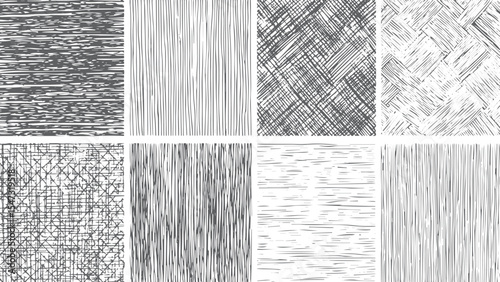 Eight grayscale textured patterns collection hand drawn line art various strokes stripes crosshatch woven fabric design elements background