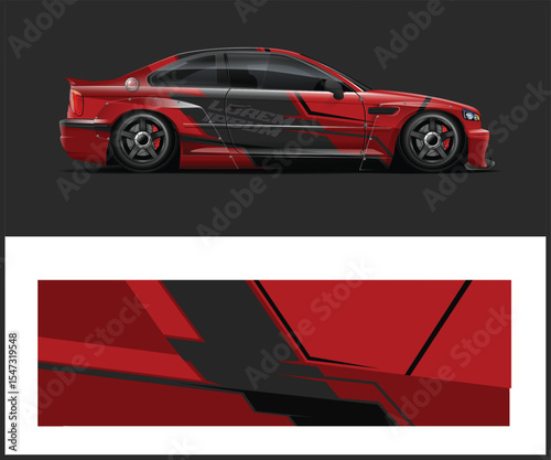 Red Sports Car with Black Racing Stripes and Matching Graphic Design
