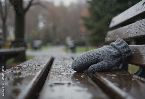 Wallpaper Mural Lost mitten resting on a wet park bench after the rain Torontodigital.ca